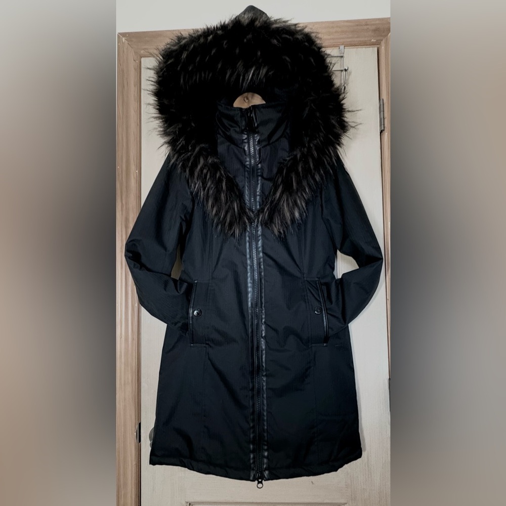 Noize Women’s Long Winter Coat Size M Black Faux Fur Hood Vegan Warm Parka - Picture 2 of 10